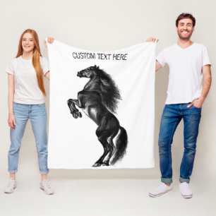 Upright Black Wild Horse - Black White - Add Text Fleece Blanket