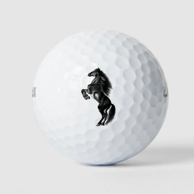 Upright Black Wild Horse - Black & White Drawing Golf Balls (Front)