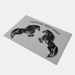 Upright Black Wild Horse Doormat with Custom Text