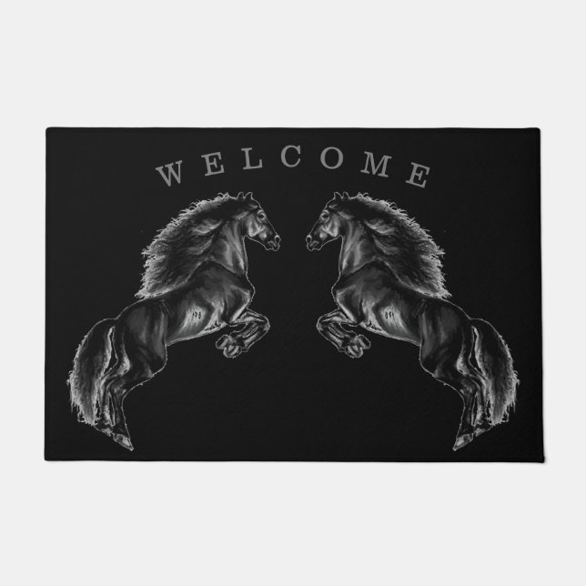 Upright Black Wild Horse - Drawing - Add Your Text Doormat (Front)