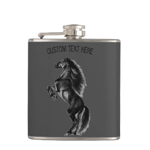 Upright Black Wild Horse - Drawing - Add Your Text Hip Flask