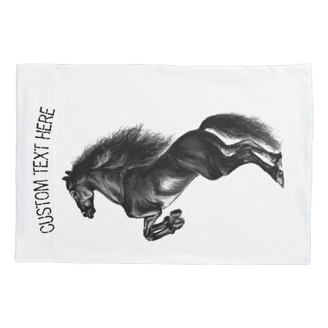Upright Black Wild Horse - Drawing - Add Your Text Pillowcase (Back)