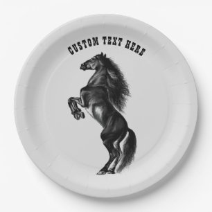 Upright Black Wild Horse Paper Plates Custom Text