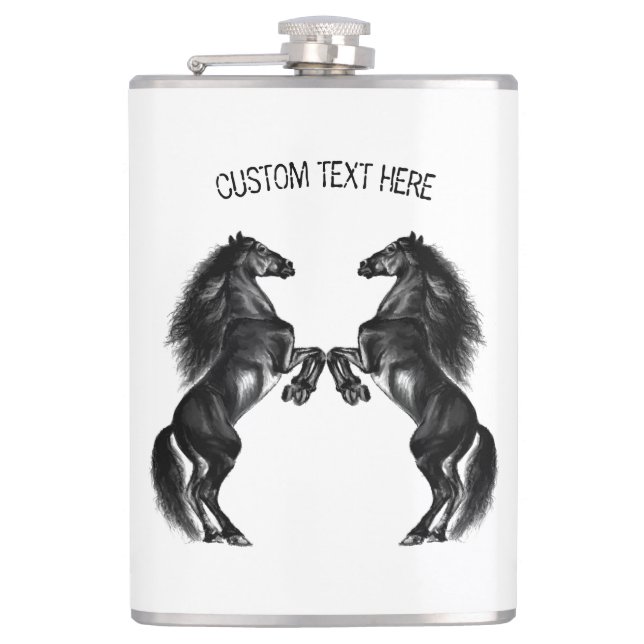 Upright Black Wild Horses - Add Your Text / Colour Hip Flask (Front)