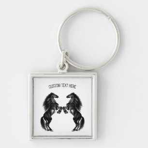 Upright Black Wild Horses - Add Your Text / Colour Keychain