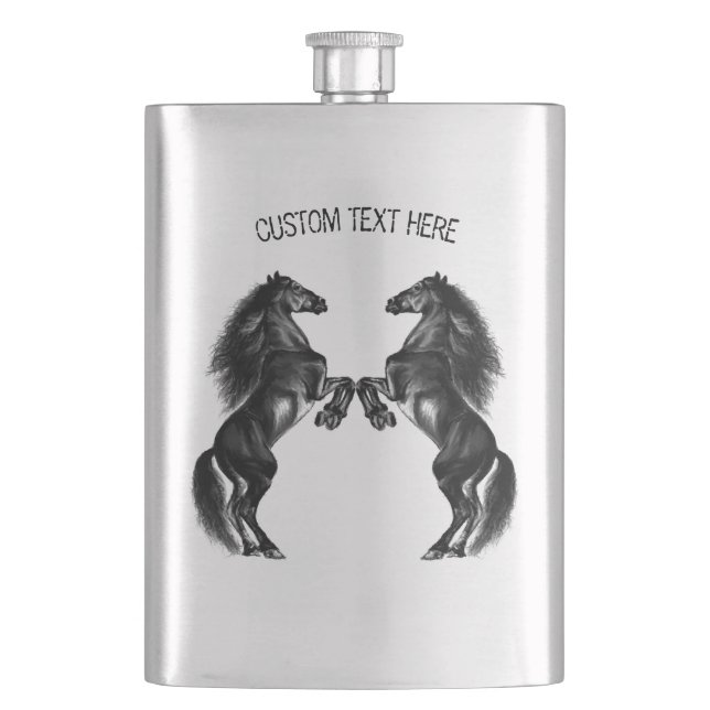 Upright Black Wild Horses Drawing - Add Your Text Hip Flask (Front)