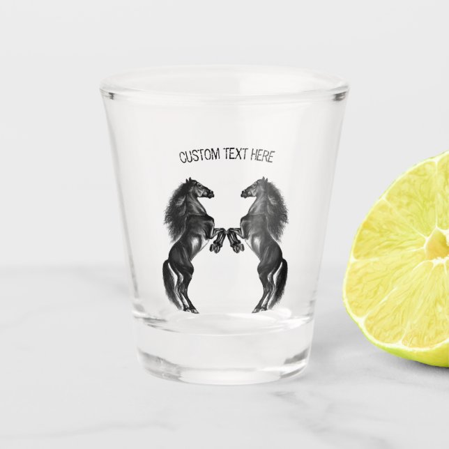 Upright Black Wild Horses Drawing - Add Your Text Shot Glass (Front)