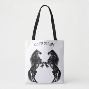 Upright Black Wild Horses Tote Bag Your Text