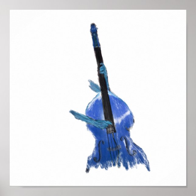 Upright orchestral acoustic double bass blue art poster (Front)