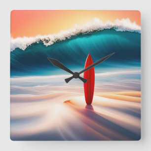 Upright Surfboard in Sand with Wave Square Wall Clock