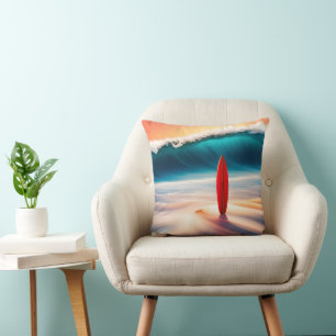 Upright Surfboard With Big Wave Throw Pillow