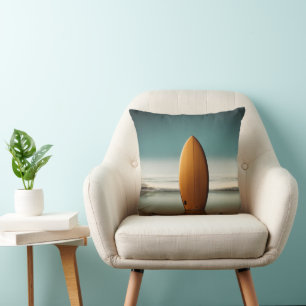 Upright Wooden Surfboard In Wet Sand Throw Pillow