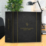 Upscale faux black leather gold typography lawyer binder<br><div class="desc">Luxury elegant lawyer binder featuring a faux gold double vertical lateral fine stripes and a justice scale over a black faux leather (PRINTED) background.                Easy to personalize on front,  spine,  and backside!              Suitable for legal services consultants,  lawyer office,  attorney at law,  legal advisors,  judge,  and other legal professionals.</div>