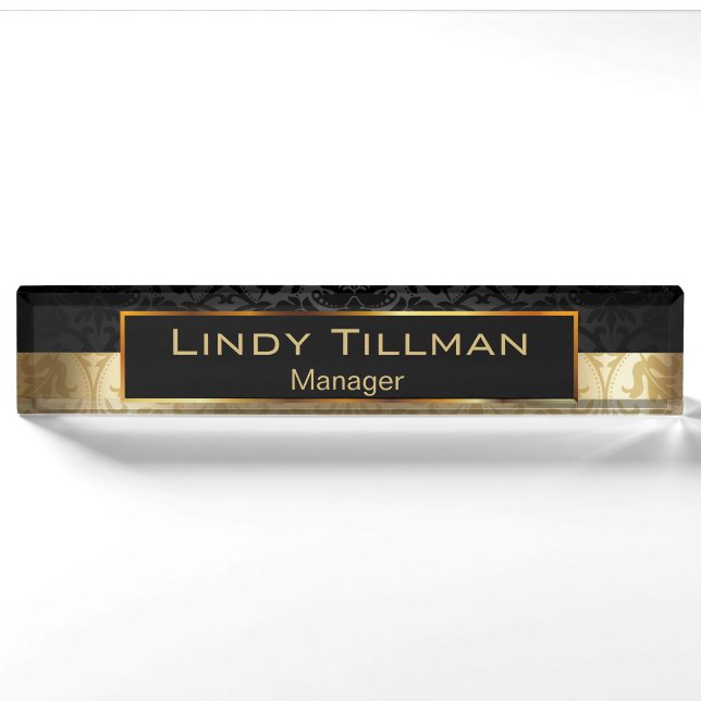 Upscale Gold and Black Damask Nameplate (Front)
