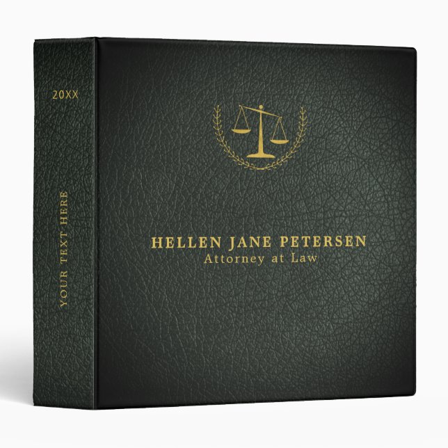 Upscale lawyer office gold green leather binder (Front/Spine)