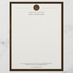 Upscale office brown leather look and gold lawyer letterhead<br><div class="desc">Luxury attorney at law office simple elegant letterhead template with a faux gold scale of justice and laurels logo and custom script on an off white background with a solid dark brown faux leather looking (PRINTED) frame. Personalize it with your information! Suitable for legal, notary, lawyer, attorney, advocate, legal advisers,...</div>