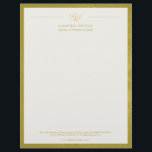Upscale office golden leather look and gold lawyer letterhead<br><div class="desc">Luxury attorney at law office simple elegant letterhead template with faux gold scale of justice and laurels logo and custom script on an off white background with a golden mustard leather looking frame. Personalize it with your information! Suitable for legal, notary, lawyer, attorney, advocate, legal advisers, any other law services...</div>