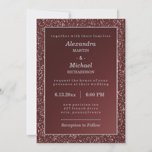 Upscale Sparkle Marsala and Faux Glitter Wedding Invitation (Front)