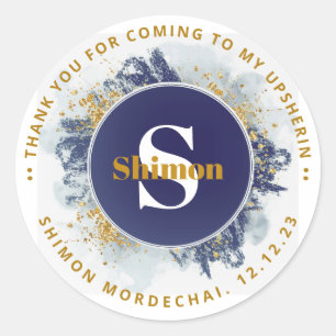 Upsherin Thank You Initial NAV Watercolor Glitter  Classic Round Sticker