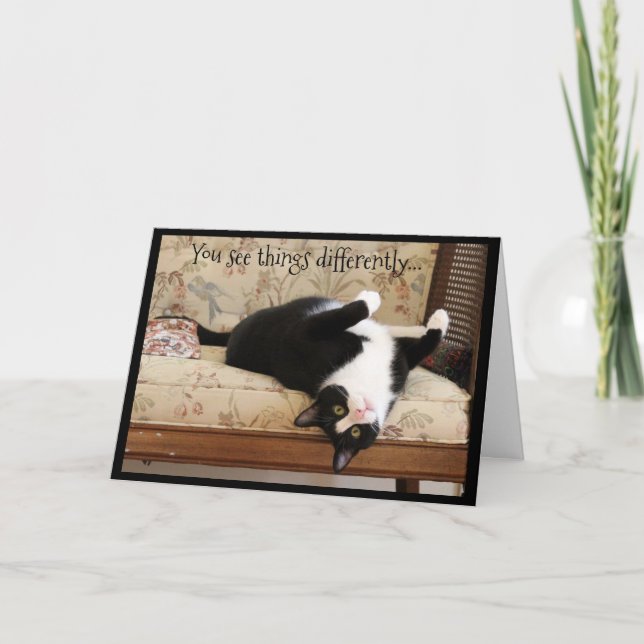 Upside Down Black and White Cat Card (Front)