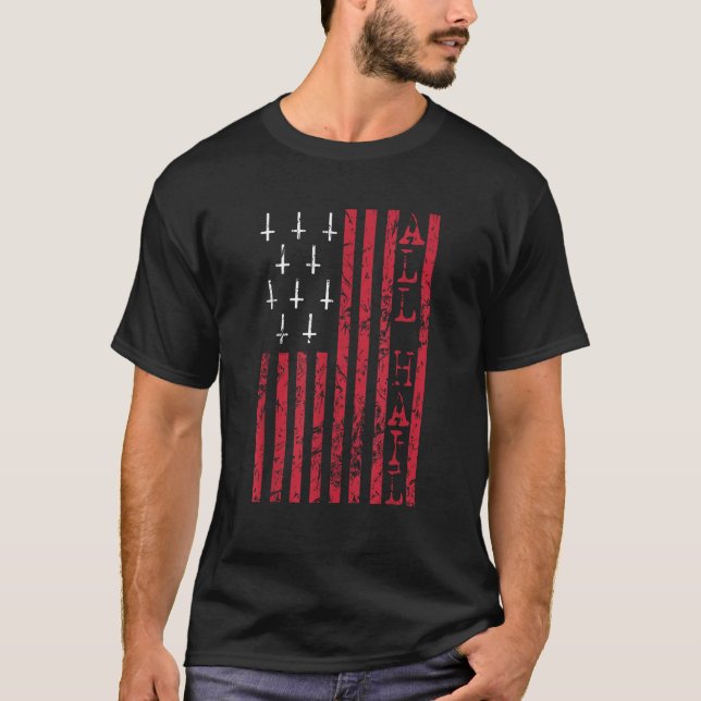 Upside Down Cross Occult American Flag All Hail Sa T-Shirt (Front)