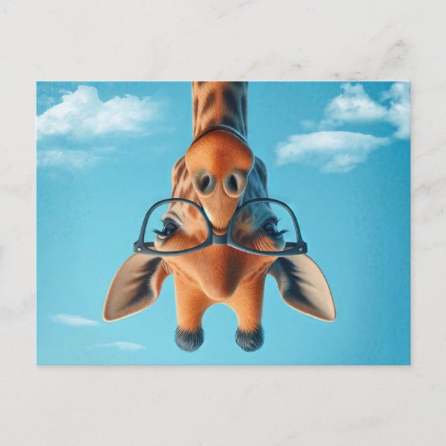 Upside Down Giraffe In Clouds Wearing Eyeglasses Postcard (Front)