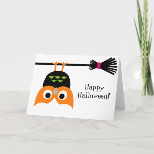 Upside Down Owl on Broom Halloween Card