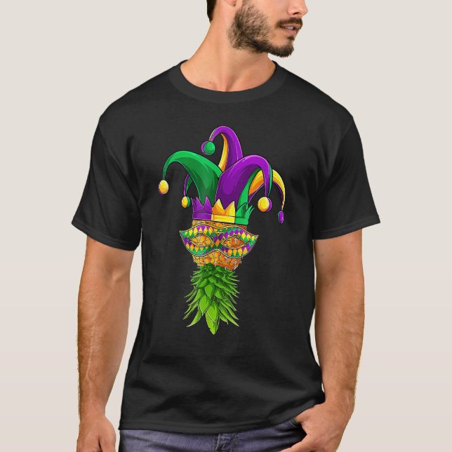 Upside Down Pineapple Mardi Gras Jester Hat Mask P T-Shirt (Front)