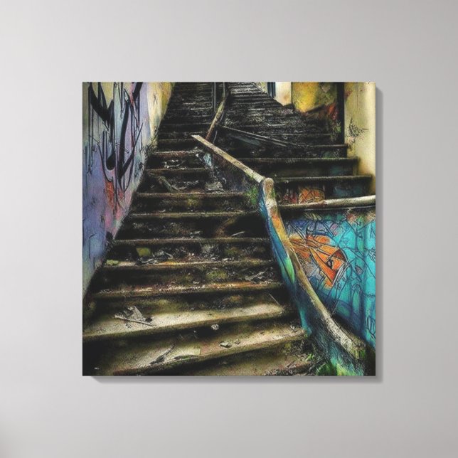 Urban Art on Stairs Abandoned Building Canvas Print (Front)