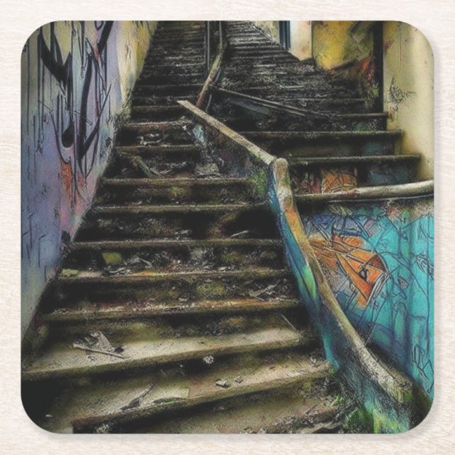 Urban Art on Stairs Abandoned Building Square Paper Coaster (Front)
