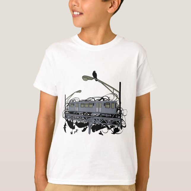 Urban Artistic Illustrated El Train & Crows T-shir T-Shirt (Front)