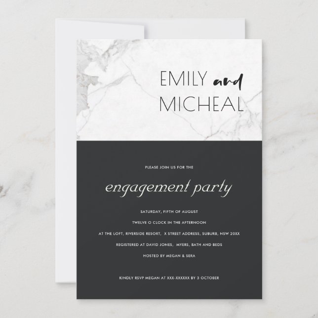 URBAN BLACK WHITE MARBLE ENGAGEMENT PARTY INVITE (Front)