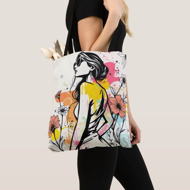 Urban Bloom: Double-Sided Graffiti & Botanical Art Tote Bag (Close Up)