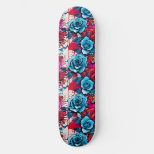 Urban Bloom: Red & Blue Rose Graffiti  Skateboard