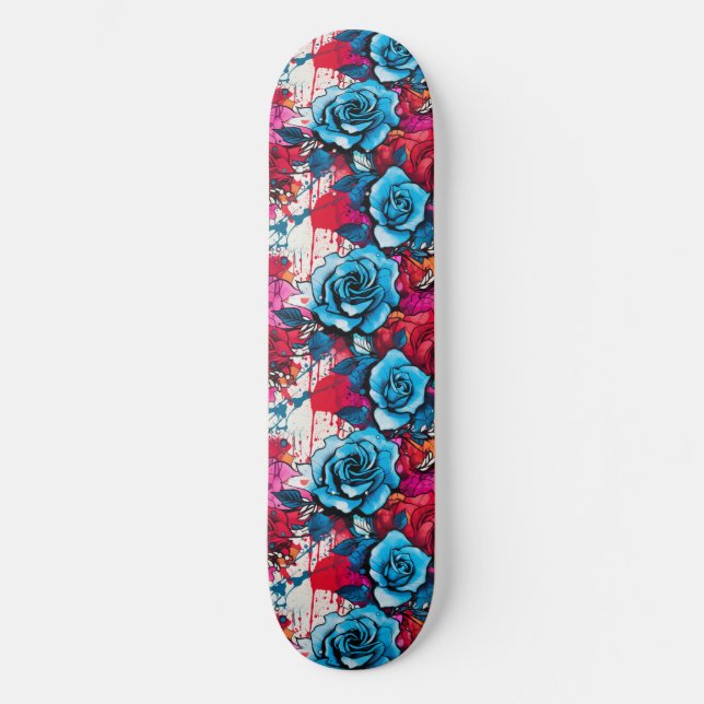 Urban Bloom: Red & Blue Rose Graffiti  Skateboard (Front)