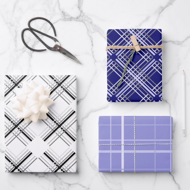 Urban Blue Tartan Pattern With Black Geometry Wrapping Paper Sheet (Front)