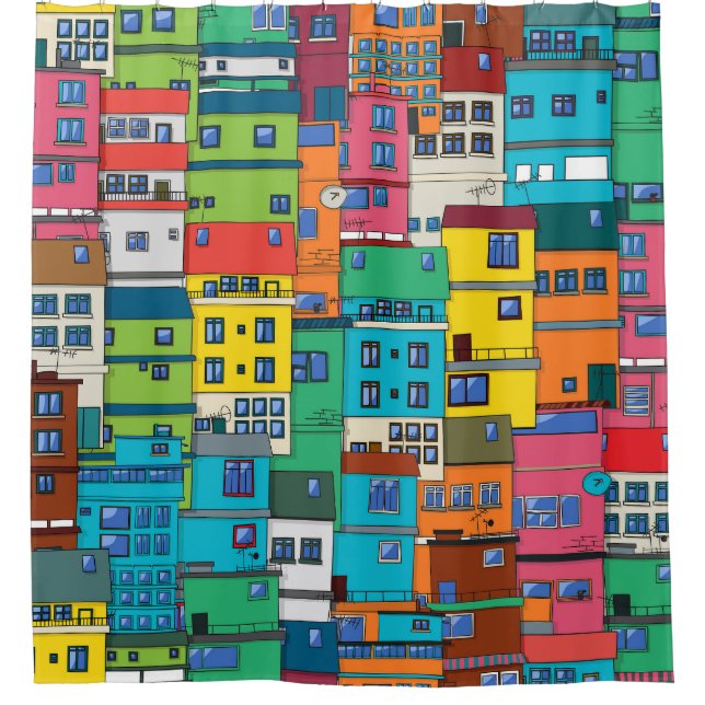 Urban Brazilian favela: colourful background. (Front)