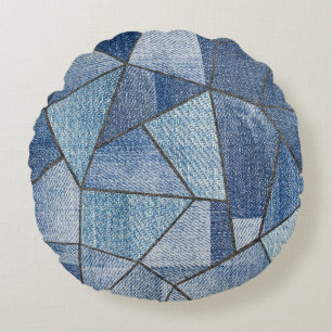 Urban Denim: Distressed Patchwork Design Round Pillow