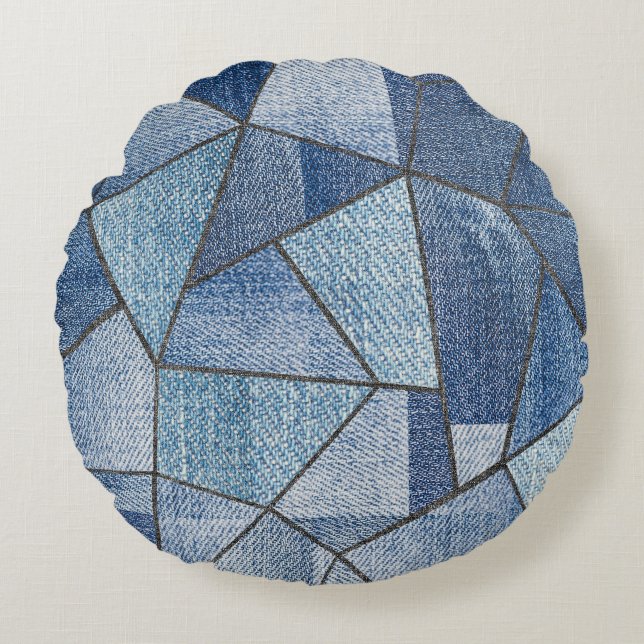 Urban Denim: Distressed Patchwork Design Round Pillow (Front)