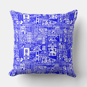 Urban Dream - Blue on White Throw Pillow
