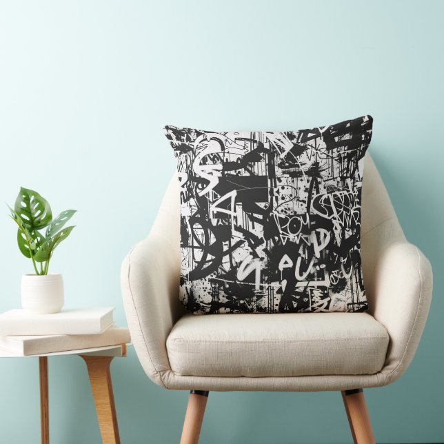 Urban Edge Black and White Graffiti Throw Pillow (Chair)