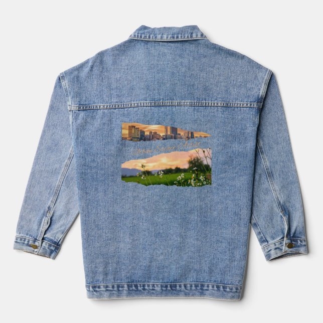 Urban Escape Artist City to Nature Sunset Design Denim Jacket (Back)