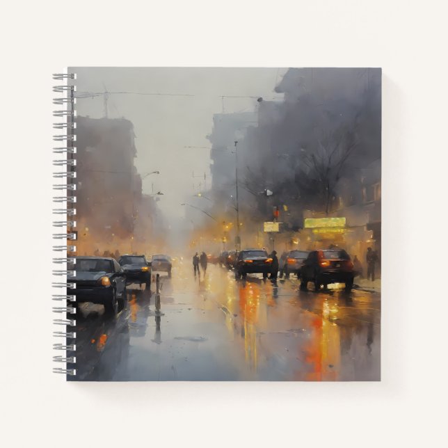 Urban Evening Rain Scene Notebook (Front)