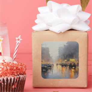 Urban Evening Rain Scene Square Sticker