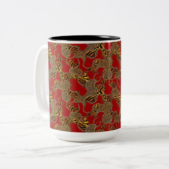 Urban Glam Animal Print With Chains On Red Two-Tone Coffee Mug (Front Left)