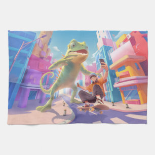 Urban Glide: Giant Chameleon Skater Selfie Kitchen Towel