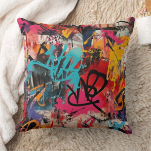 Urban Graffiti Collage with Bold Colours Paint Throw Pillow