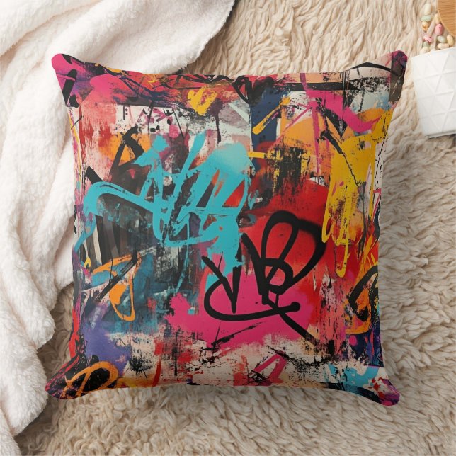 Urban Graffiti Collage with Bold Colours  Paint Throw Pillow (Blanket)
