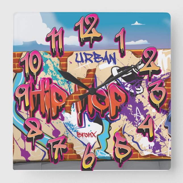 Urban Hip Hop Graffiti Wall. Square Wall Clock (Front)