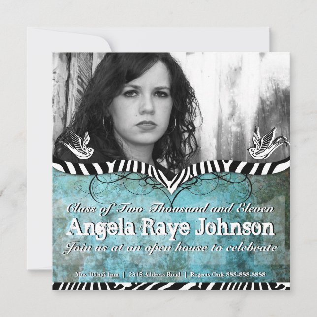 Urban & Hip Tattoo Blue Grunge & Zebra Invite (Front)